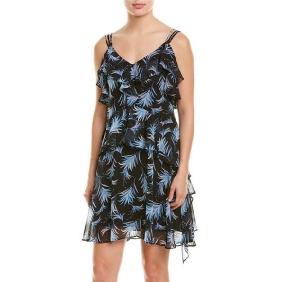 Taylor Womens Ruffle Black Blue Floral Dress w/Lining Summer Travel Size 8 - NEW - Picture 12 of 13